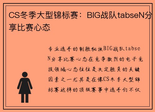 CS冬季大型锦标赛：BIG战队tabseN分享比赛心态
