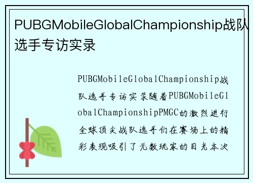 PUBGMobileGlobalChampionship战队选手专访实录
