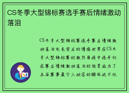 CS冬季大型锦标赛选手赛后情绪激动落泪